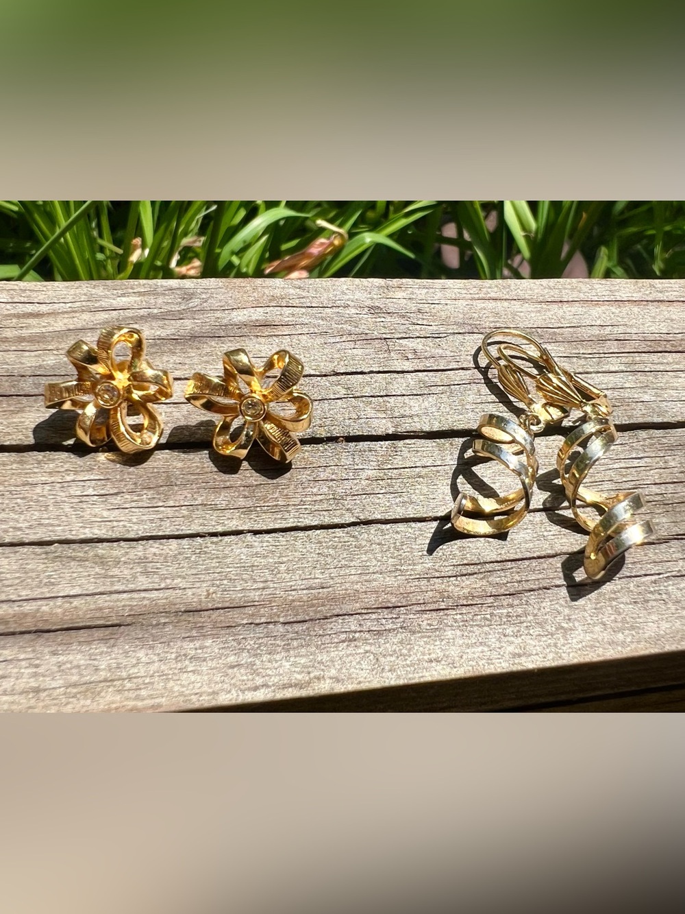 Gold Tone Statement Earrings Set 2 Pairs Spiral & Floral Rhinestone Style